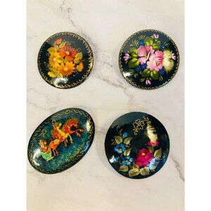 Hand-Painted Russian Floral & Carousel Brooches Set Of 4 1994 Vintage -115